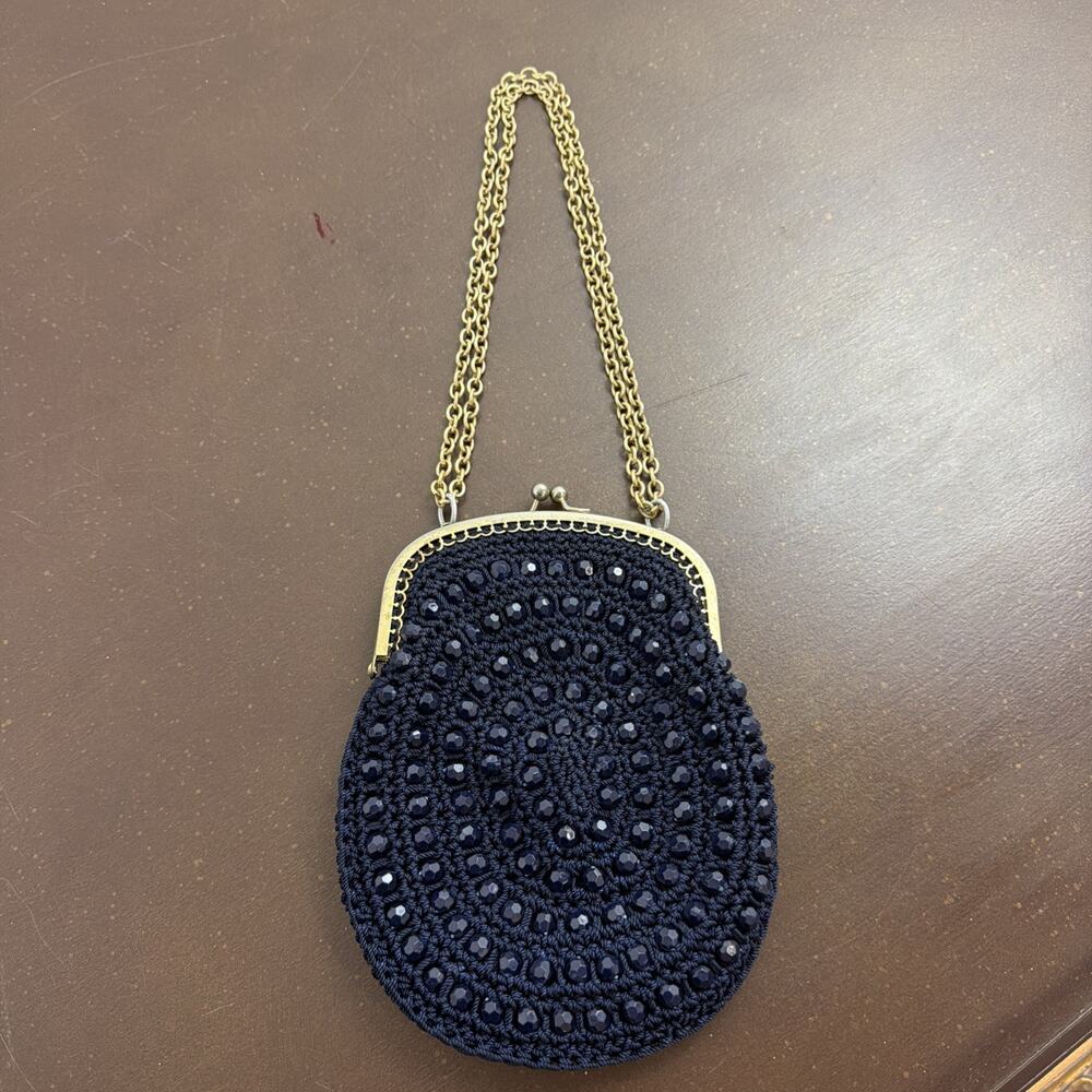 Bobbie Jerome Vintage Navy Blue Beaded Evening Bag Gold Chain Italy Clutch 50s